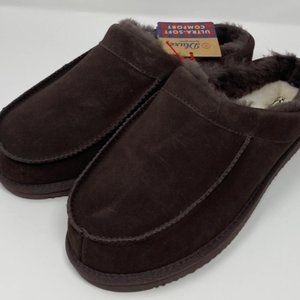 Dearfoams Dluxe Mens Shearling Lined Brown Suede Ascot House Shoe Slippers Sz 13